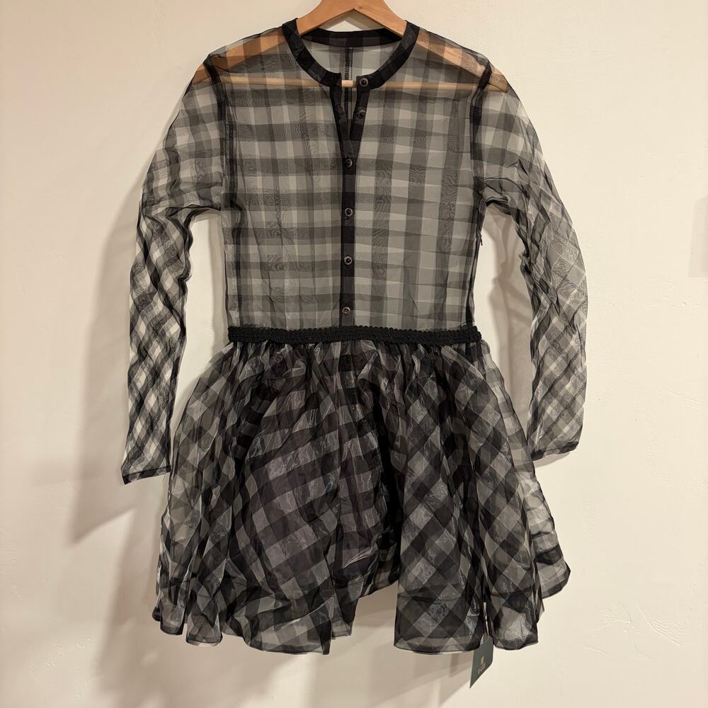 VTG Whimsigoth Sheer Plaid Mini Dress Long Sleeve Black White Y2k Preppy Witchy